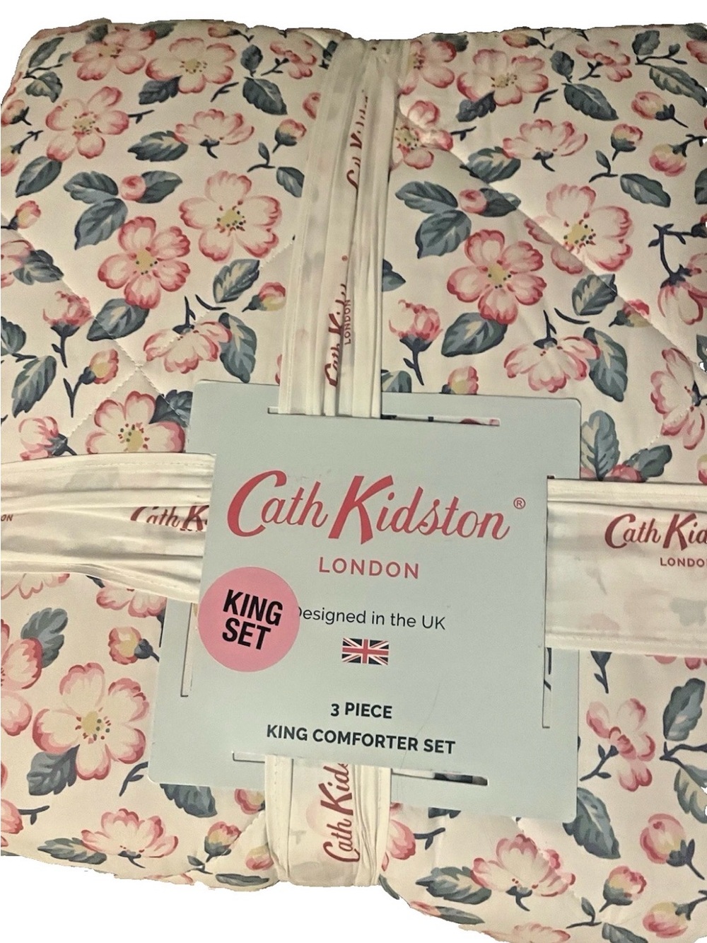 Cath Kidston Pink Floral King Comforter Set with Blue-Green Leaves New